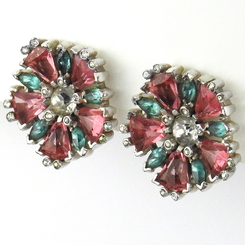 Mazer Kite Shaped Pink Topaz and Aquamarine Five Sided Flower Clip Earrings