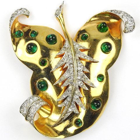 Mazer Gold Pave and Emerald Cabochons Giant Double Curling Leaf Pin Clip