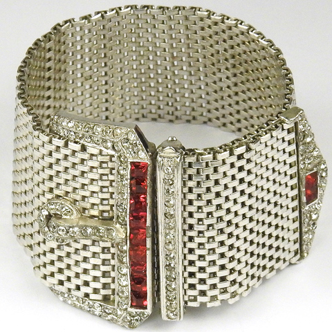 Mazer Silver Mesh with Pave and Invisibly Set Rubies Buckle Bracelet