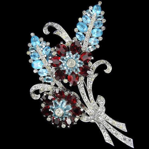 Mazer Pave Ruby and Blue Topaz Two Flower Floral Spray with Bow Pin