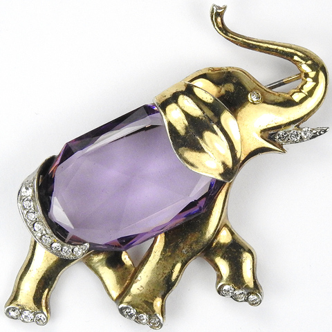 Mazer (unsigned) Sterling Gold Pave and Amethyst Belly Elephant Pin