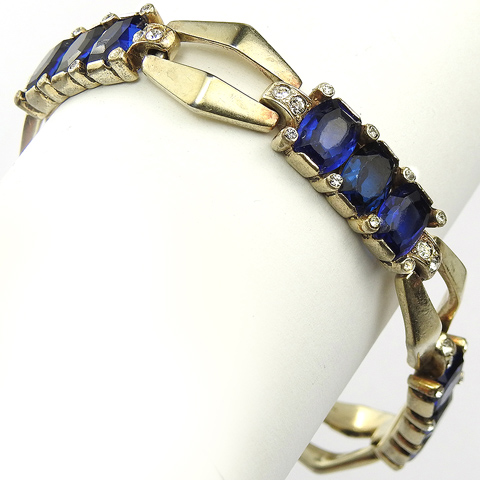 Mazer Sterling Gold Chevrons and Oblong Cut Sapphires Link Bracelet