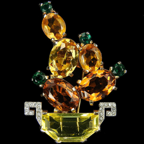Mazer Gold Citrine Topaz and Emeralds Cactus in a Vase Flower Basket Pin Clip