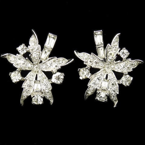 Mazer Pave Starflowers with Baguette Stems Clip Earrings