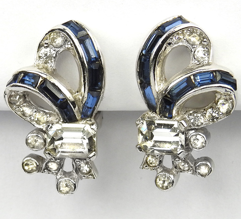 Mazer Pave and Invisibly Set Sapphire Bow Swirls Clip Earrings