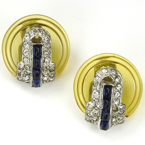Mazer Deco Pave Invisibly Set Sapphire Buckles and Applejuice Bakelite Circles Clip Earrings