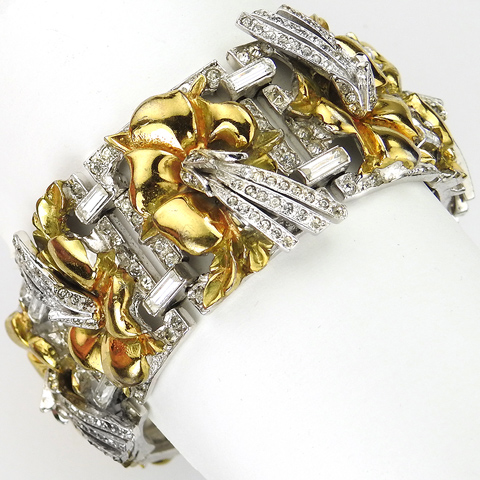 Mazer (Unsigned) Gold and Pave Flowers Wide Eight Link Bracelet