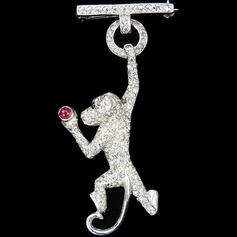 Mazer Pave Swinging Pendant Monkey with Ruby Cabochon Apple Pin