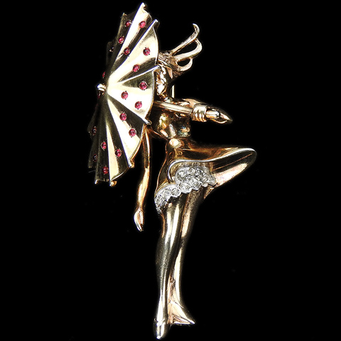 Mazer Sterling Gold and Ruby Spangles Girl Holding an Umbrella on a Windy Day Pin