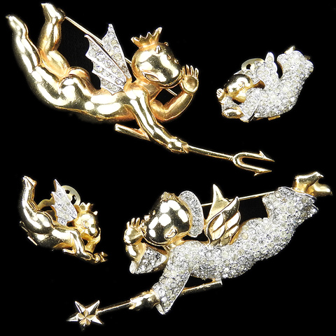 Mazer 'Joseph Wuyts' Gold and Pave Matching Pair of Whispering Angel and Devil Pins and Clip Earrings Set