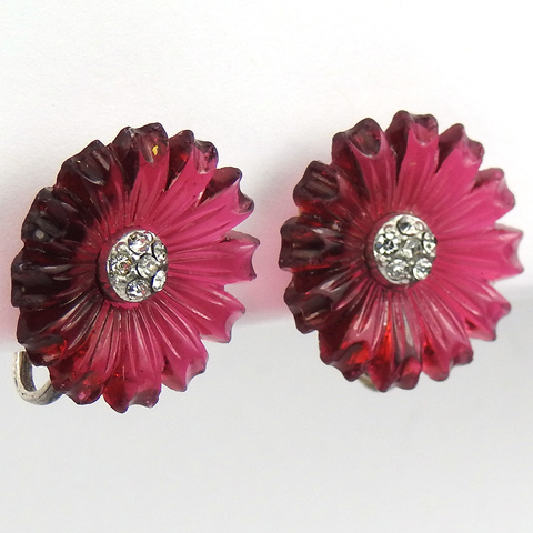 Mazer Sterling Pave and Ruby Fruit Salad Flowers Screwback Earrings