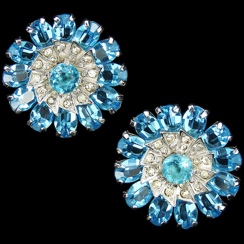 Mazer Pave and Blue Topaz Pinwheel Button Clip Earrings