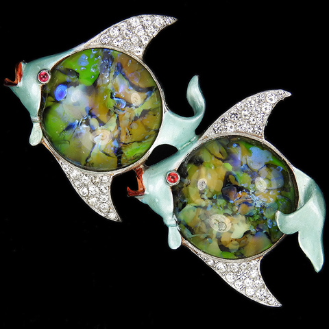 Mazer Pave Enamel and Marbled Green Agate Pair of Angel Fishes Pin