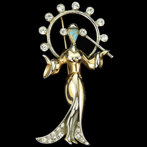 Mazer (unsigned) Gold Pave and Marbled Turquoise Sorceress or Fairy Godmother with Wand and Halo Pin