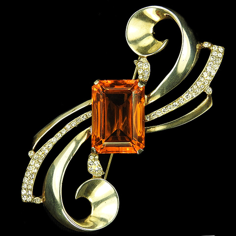 Mazer Sterling Table Cut Topaz with Gold and Pave Bow Swirls Pin