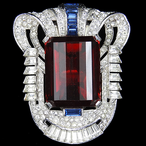 Mazer Pave Faceted Ruby and Invisibly Set Sapphires Deco Shield Dress Clip