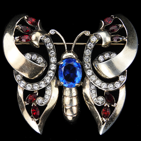 Mazer Sterling Gold Pave Ruby and Sapphire Butterfly Pin