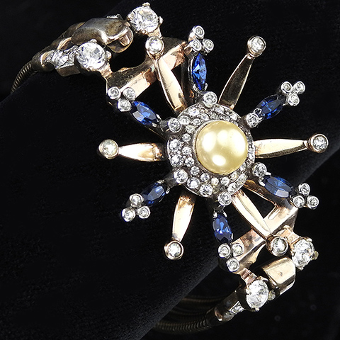 Mazer Sterling Pave Sapphire and Pearl Twelve Pointed Star Triple Gold Gaspipes Bracelet