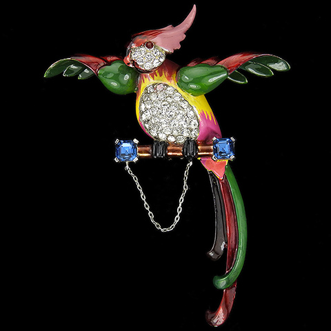 Mazer Pave and Enamel Parrot on a Perch with Trembler Head Pin Clip