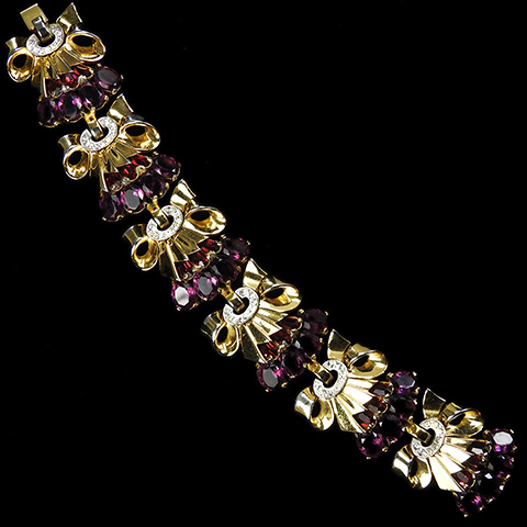 Mazer (unsigned) Gold and Pave Linked Bowknots with Ruby and Amethyst Sprays Bracelet