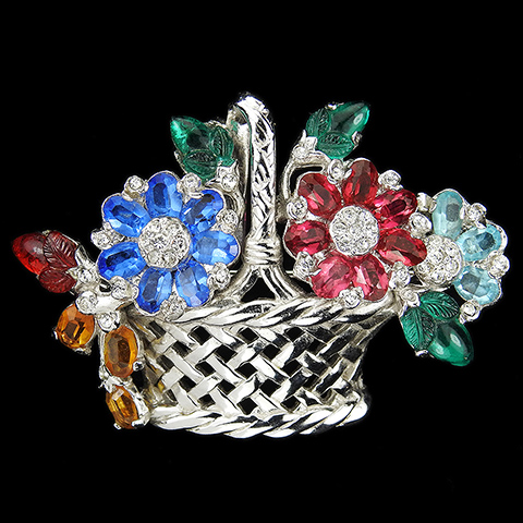 Mazer Multicolour Stones and Fruit Salads Silver Basketweave Flower Basket Pin