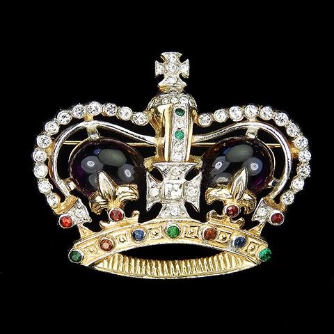 Mazer Gold Pave and Amethyst Cabochons Elizabeth II Coronation Royal Crown Pin