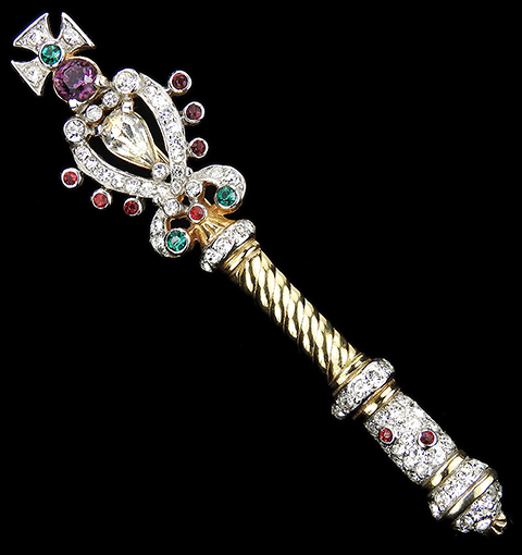 Mazer Gold Pave Ruby Emerald and Amethyst Elizabeth II Coronation Royal Mace Pin