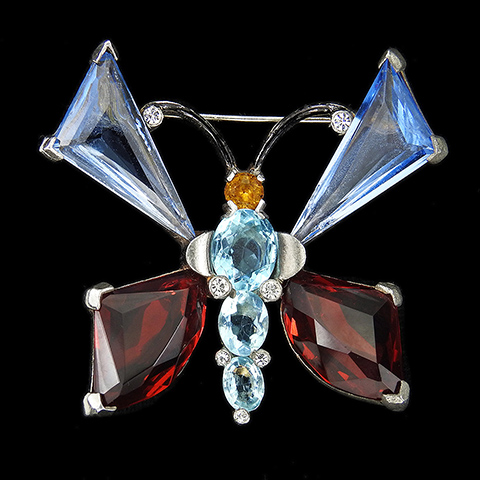 Mazer Aquamarine Citrine Blue Topaz and Ruby Crystals Butterfly Pin