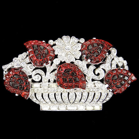 Mazer Pave and Baguettes Openwork Invisibly Set Ruby Fruit Salad Leaves Flower Basket Pin