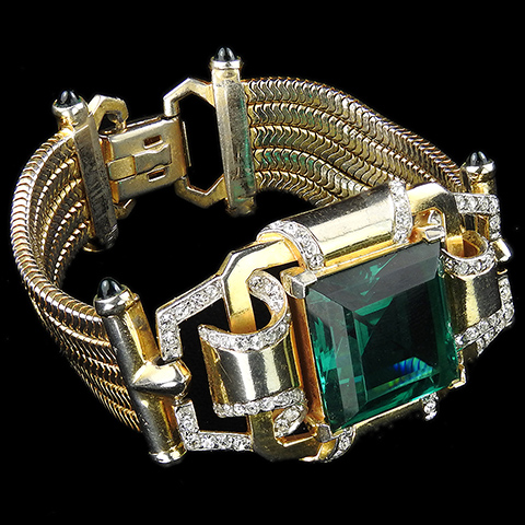 Mazer (for Ciro) Deco Gold Pave and Square Cut Emerald Four Snake Chains Bracelet