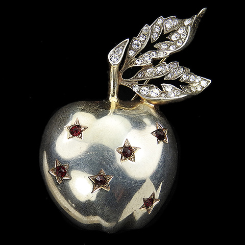 Mazer Sterling Ruby Star Spangled Apple with Pave Leaves Pin