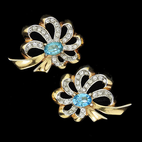 Mazer Gold Pave and Aquamarines Bow Swirl Bowknot Clip Earrings