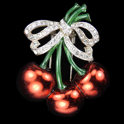Mazer Pave and Metallic Enamel Three Cherries with Bow Pin Clip