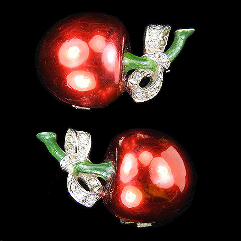 Mazer Pave and Metallic Enamel Cherries with Pave Bows Clip Earrings