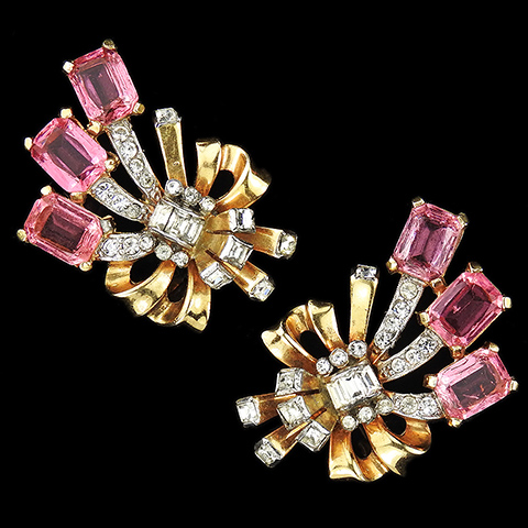 Mazer 'Magicut' Square Cut Pink Topaz and Gold and Pave Bow Swirls Clip Earrings