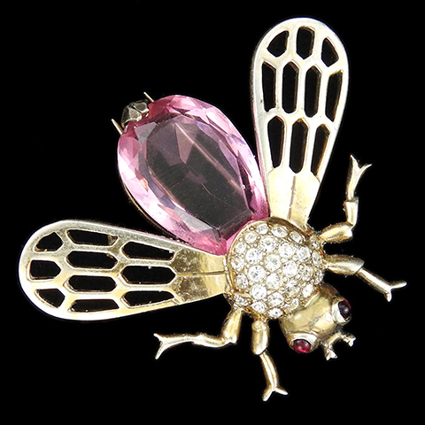 Mazer Sterling Pave Openwork Wings and Amethyst Bug or Fly Pin Clip