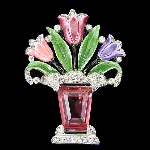 Mazer Pave Enamel and Pink Topaz Tulips in a Vase or Flower Basket Pin Clip