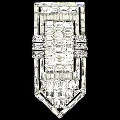Mazer Deco Pave Baguettes and Gallery Set Table Cut Diamonds Shield Shaped Dress Clip