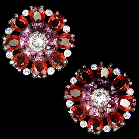 Mazer Ruby and Amethyst Flower Button Clip Earrings