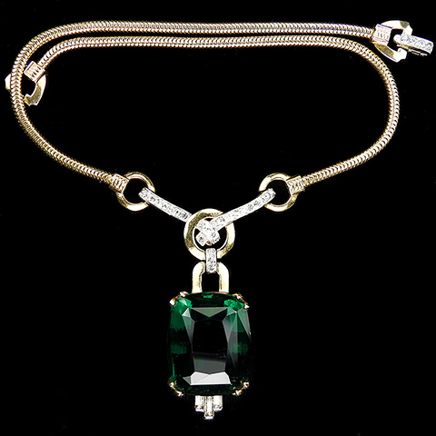 Mazer Gold and Pave Bow Buckle and Pendant Table Cut Emerald Necklace