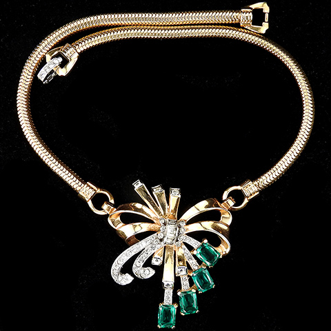 Mazer Square Cut Emeralds and Gold and Pave Bow Swirls Necklace