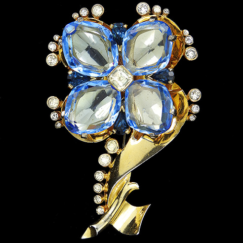 Mazer Gold Diamante Spangles and Blue Topaz Crystals Quatrefoil Flower Pin