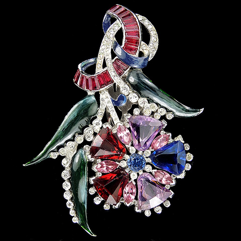 Mazer Multicolour Stones Invivisbly Set Ruby Baguettes Bow Swirl and Enamel Leaves Floral Spray Five Petalled Flower Dress Clip