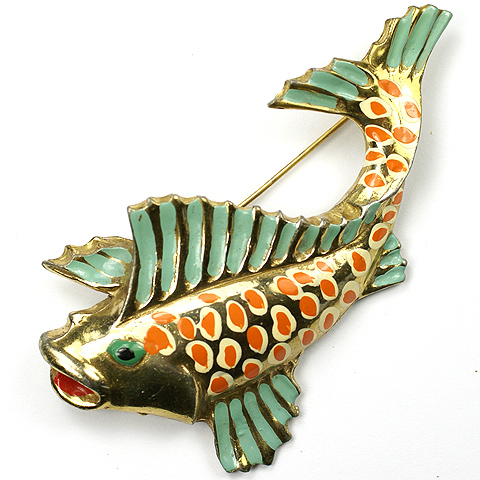 Gold and Enamel Leaping Fish Pin