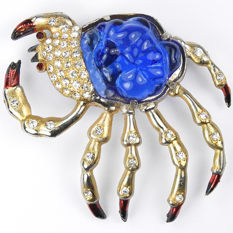 Gold Pave Metallic Enamel and Poured Glass Snow Crab Pin (after Hattie Carnegie)