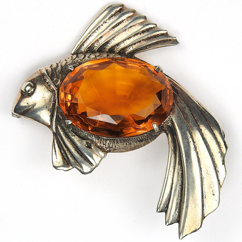Sterling and Oval Cut Citrine Smiling Fish Pin