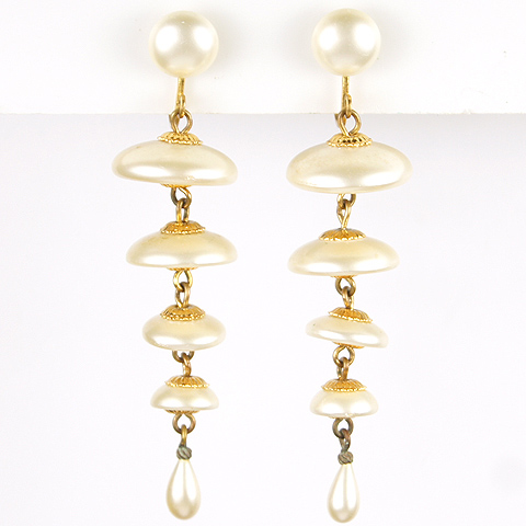 1940s Deco Style Pearl Flying Saucers Pendant Clip Earrings