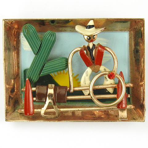 Rodeo Cowboy On Fence with Lasso Saddle Cactus and Sunrise Scene Pin