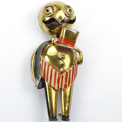 Walter Lampl Walburt's Gay Puppets (?) Gold and Enamel Man with Moustache Spotted Bow Tie and Striped Apron Holding a Top Hat Pin