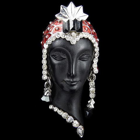 Deco Style Blackamoor Lady's Head with Headdress and Pendant Earrings Brooch